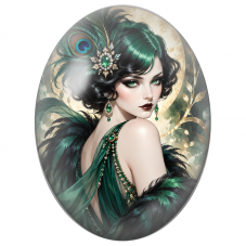 Cabochon en Verre Illustré Femme aux Plumes de Paon et Bijoux Émeraude pour la Création de Bijoux Fantaisie - DIY