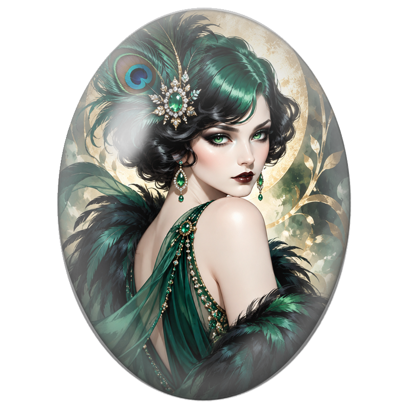 Cabochon en Verre Illustré Femme aux Plumes de Paon et Bijoux Émeraude 13x18, 18x25 ou 30x40mm