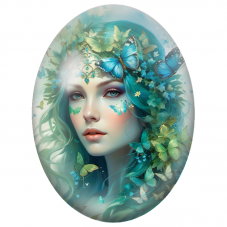 Cabochon en Verre Illustré Femme Turquoise à la Couronne de Papillons pour la Création de Bijoux Fantaisie - DIY