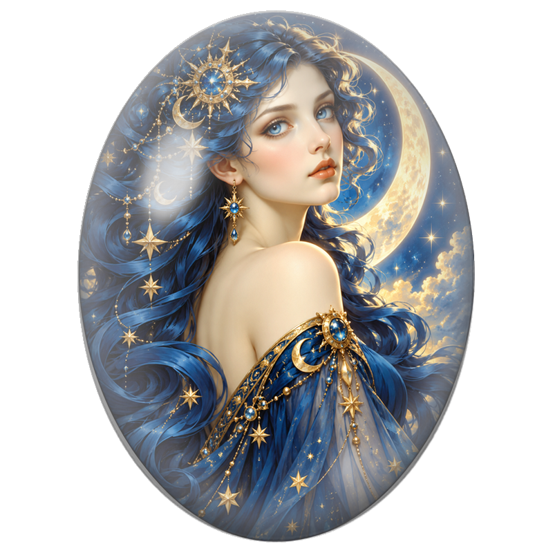 Cabochon en Verre Illustré Femme Céleste à la Robe Étoilée Bleue 13x18, 18x25 ou 30x40mm
