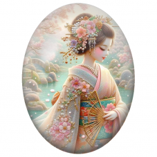 Cabochon en Verre Illustré Geisha au Kimono Fleuri et Éventail Doré pour la Création de Bijoux Fantaisie - DIY