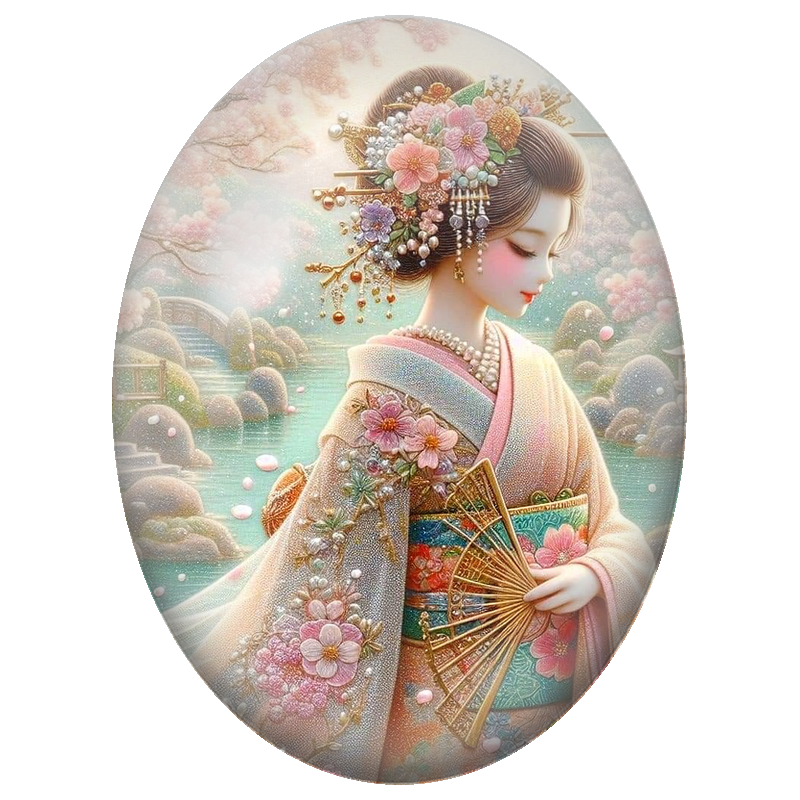 Cabochon en Verre Illustré Geisha au Kimono Fleuri et Éventail Doré 13x18, 18x25 ou 30x40mm