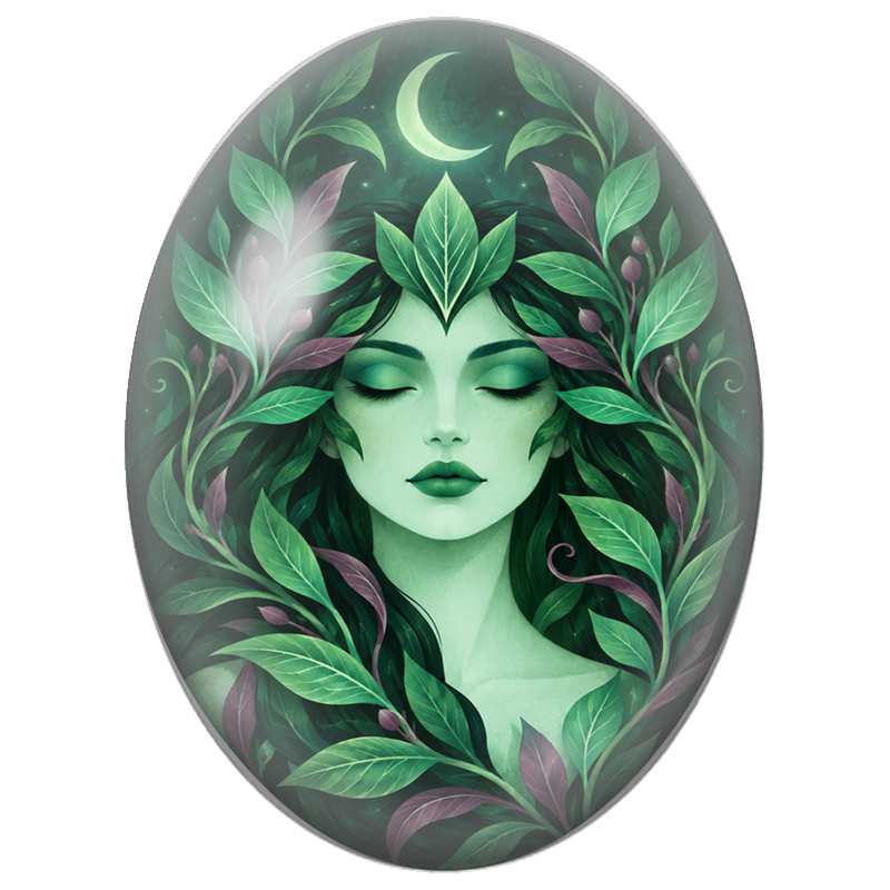 Cabochon en Verre Illustré Visage Végétal aux Feuilles Vertes 13x18, 18x25 ou 30x40mm