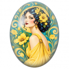 Cabochon en Verre Illustré Femme Rétro aux Fleurs Jaunes pour la Création de Bijoux Fantaisie - DIY