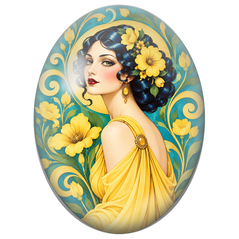Cabochon en Verre Illustré Femme Rétro aux Fleurs Jaunes 13x18, 18x25 ou 30x40mm