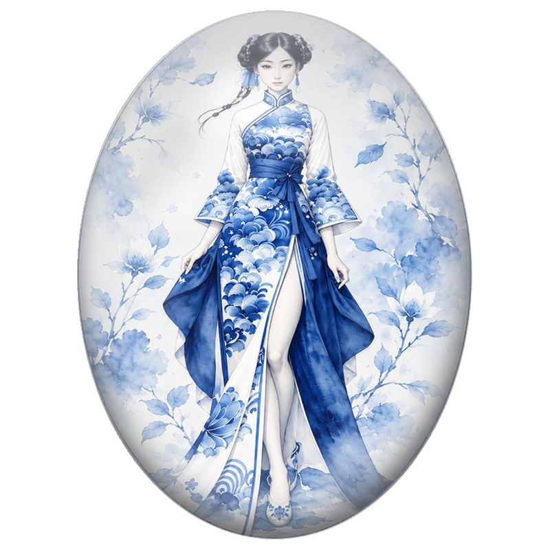 Cabochon en Verre Illustré Femme Chinoise à la Robe Bleue Fleurie 13x18, 18x25 ou 30x40mm