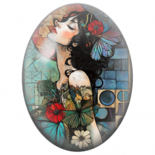 Cabochon en Verre Illustré Femme aux Papillons et Fleurs Rouges pour la Création de Bijoux Fantaisie - DIY