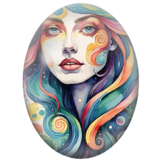 Cabochon en Verre Illustré Visage Féminin aux Volutes Arc-en-Ciel pour la Création de Bijoux Fantaisie - DIY
