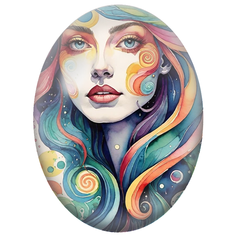 Cabochon en Verre Illustré Visage Féminin aux Volutes Arc-en-Ciel 13x18, 18x25 ou 30x40mm