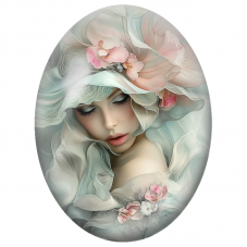 Cabochon en Verre Illustré Femme aux Volants Nacrés et Orchidées Roses pour la Création de Bijoux Fantaisie - DIY