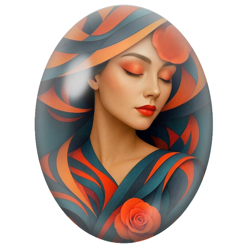 Cabochon en Verre Illustré Femme au Chapeau Rouge et Bleu 13x18, 18x25 ou 30x40mm
