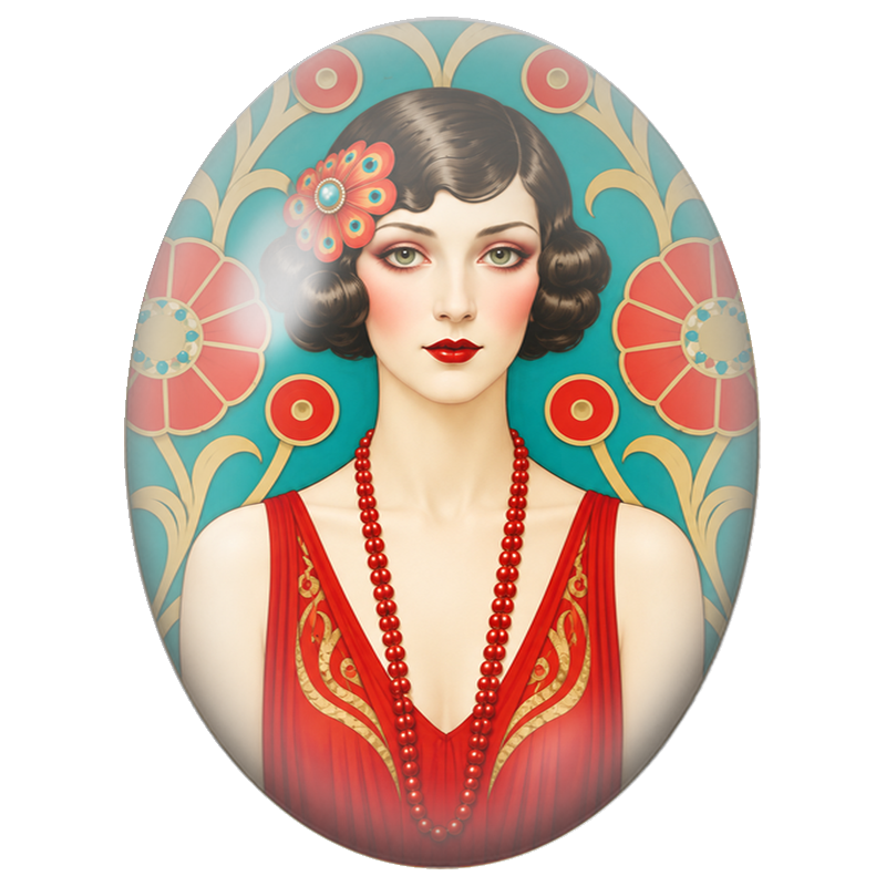 Cabochon en Verre Illustré Femme Art Déco en Rouge et Turquoise 13x18, 18x25 ou 30x40mm