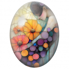 Cabochon en Verre Illustré Femme aux Fleurs Orange et Bulles Colorées pour la Création de Bijoux Fantaisie - DIY