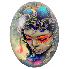 Cabochon en Verre Illustré Femme Cosmique aux Planètes et Temples pour la Création de Bijoux Fantaisie - DIY