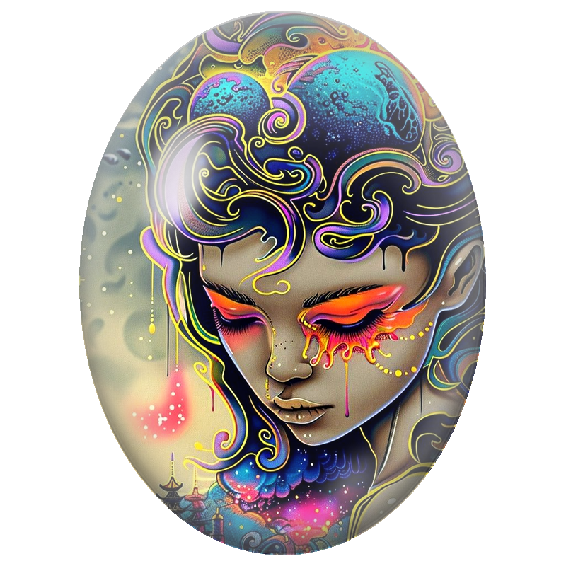 Cabochon en Verre Illustré Femme Cosmique aux Planètes et Temples 13x18, 18x25 ou 30x40mm