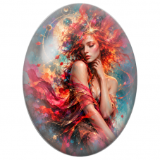 Cabochon en Verre Illustré Femme Abstraite aux Éclats Rouge Corail pour la Création de Bijoux Fantaisie - DIY