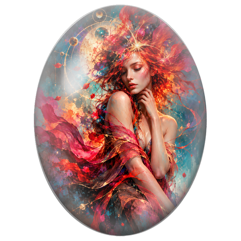 Cabochon en Verre Illustré Femme Abstraite aux Éclats Rouge Corail 13x18, 18x25 ou 30x40mm