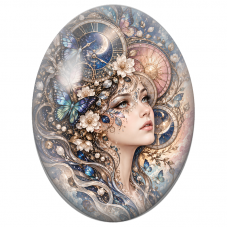 Cabochon en Verre Illustré Femme aux Cadrans et Papillons pour la Création de Bijoux Fantaisie - DIY