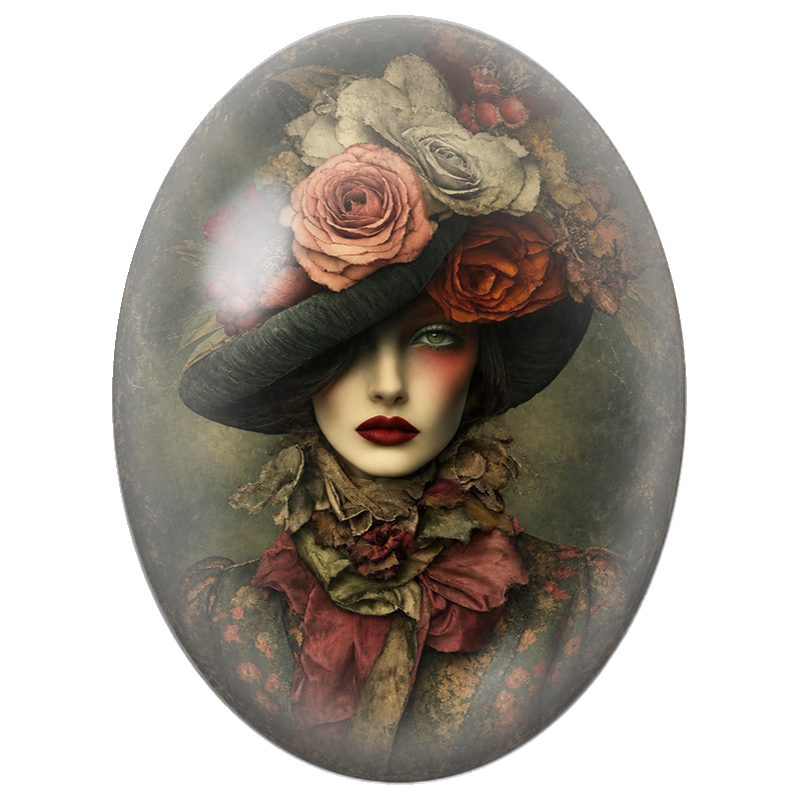 Cabochon en Verre Illustré Femme au Chapeau de Roses Anciennes 13x18, 18x25 ou 30x40mm