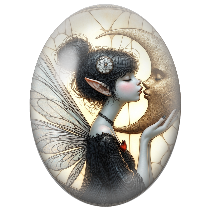 Cabochon en Verre Illustré Fée Embrassant la Lune Dorée 13x18, 18x25 ou 30x40mm