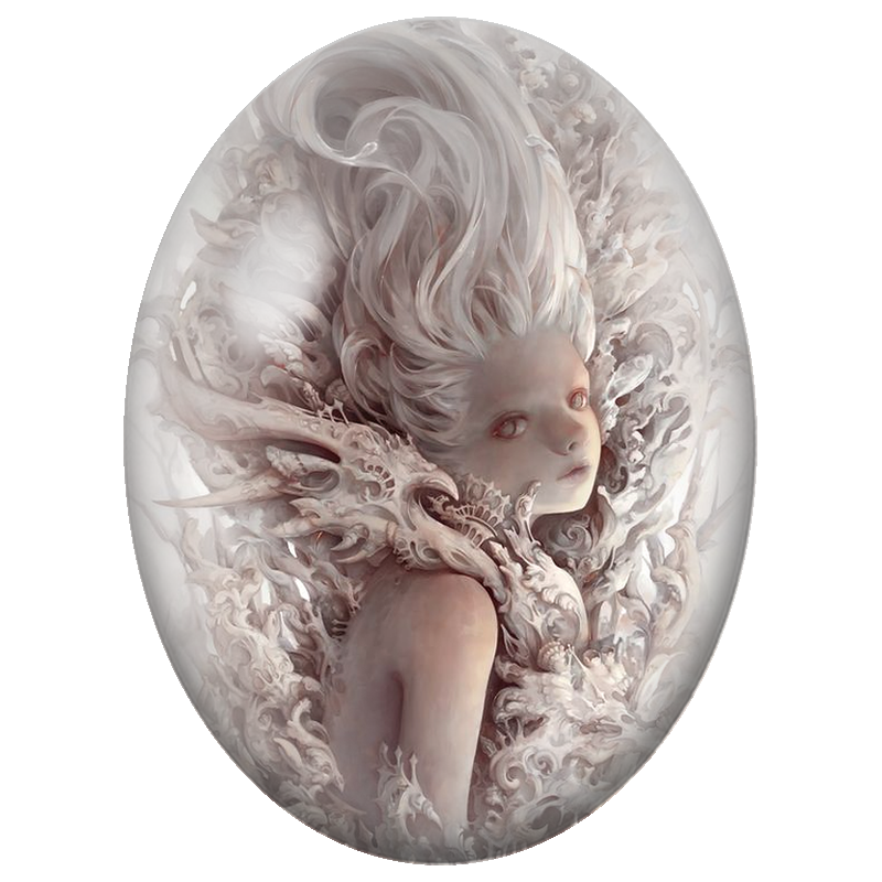 Cabochon en Verre Illustré Fée Blanche aux Ailes Baroques 13x18, 18x25 ou 30x40mm