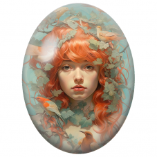 Cabochon en Verre Illustré Femme Rousse aux Oiseaux Orange pour la Création de Bijoux Fantaisie - DIY