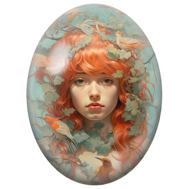 Cabochon en Verre Illustré Femme Rousse aux Oiseaux Orange 13x18, 18x25 ou 30x40mm