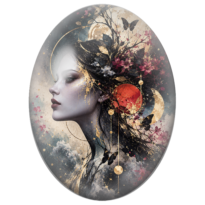 Cabochon en Verre Illustré Profil Féminin aux Papillons Noirs 13x18, 18x25 ou 30x40mm