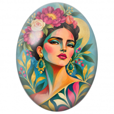 Cabochon en Verre Illustré Frida Kahlo Cubiste aux Fleurs Fuchsia pour la Création de Bijoux Fantaisie - DIY