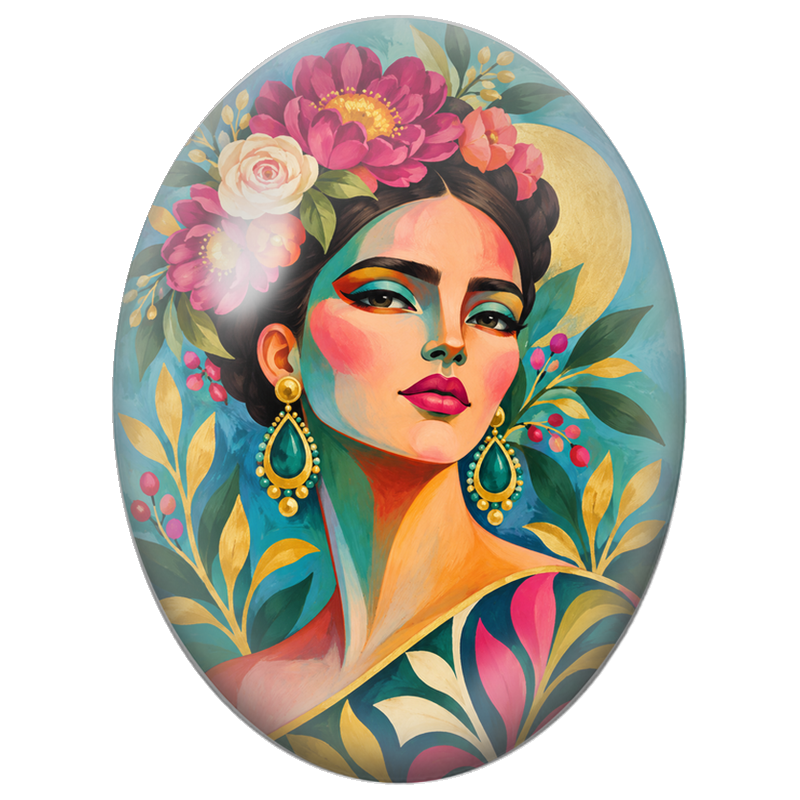 Cabochon en Verre Illustré Frida Kahlo Cubiste aux Fleurs Fuchsia 13x18, 18x25 ou 30x40mm