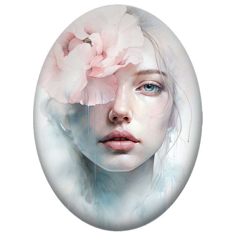 Cabochon en Verre Illustré Visage Féminin à la Pivoine Rose 13x18, 18x25 ou 30x40mm