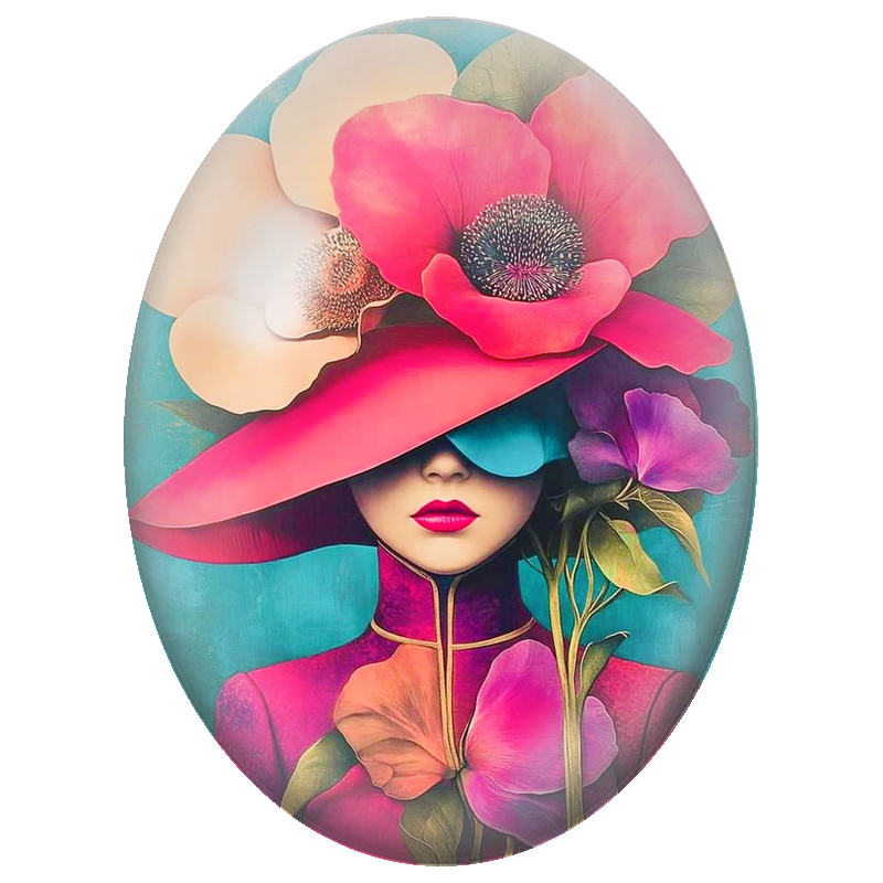 Cabochon en Verre Illustré Femme au Chapeau Fleuri Fuchsia 13x18, 18x25 ou 30x40mm