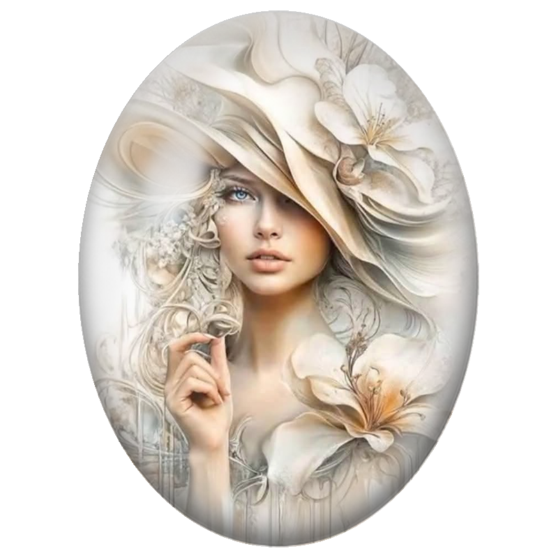 Cabochon en Verre Illustré Femme au Chapeau Ivoire et Fleurs Blanches 13x18, 18x25 ou 30x40mm