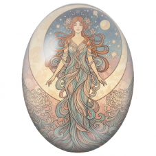 Cabochon en Verre Illustré Déesse Rousse devant le Croissant de Lune pour la Création de Bijoux Fantaisie - DIY