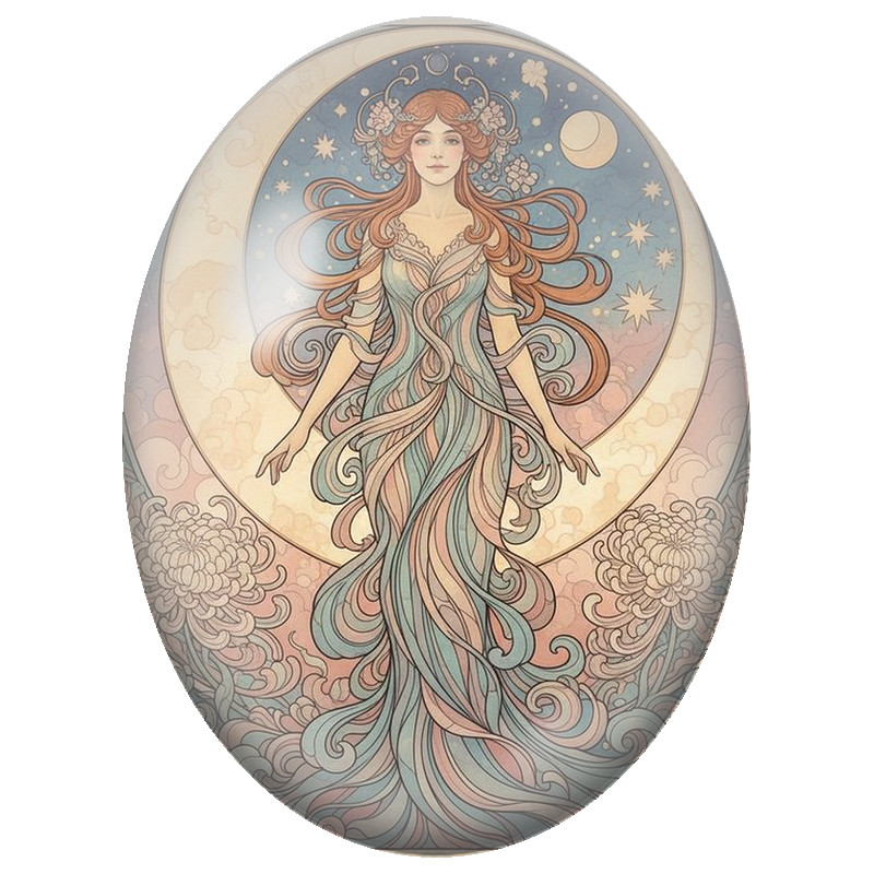 Cabochon en Verre Illustré Déesse Rousse devant le Croissant de Lune 13x18, 18x25 ou 30x40mm