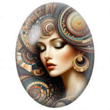 Cabochon en Verre Illustré Femme aux Spirales de Mosaïque Dorée pour la Création de Bijoux Fantaisie - DIY
