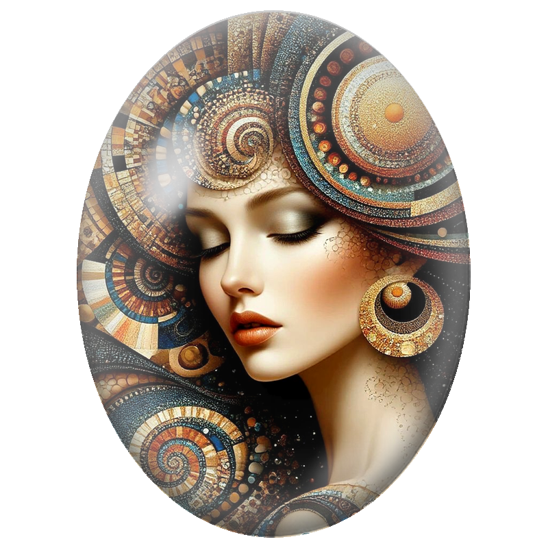 Cabochon en Verre Illustré Femme aux Spirales de Mosaïque Dorée 13x18, 18x25 ou 30x40mm