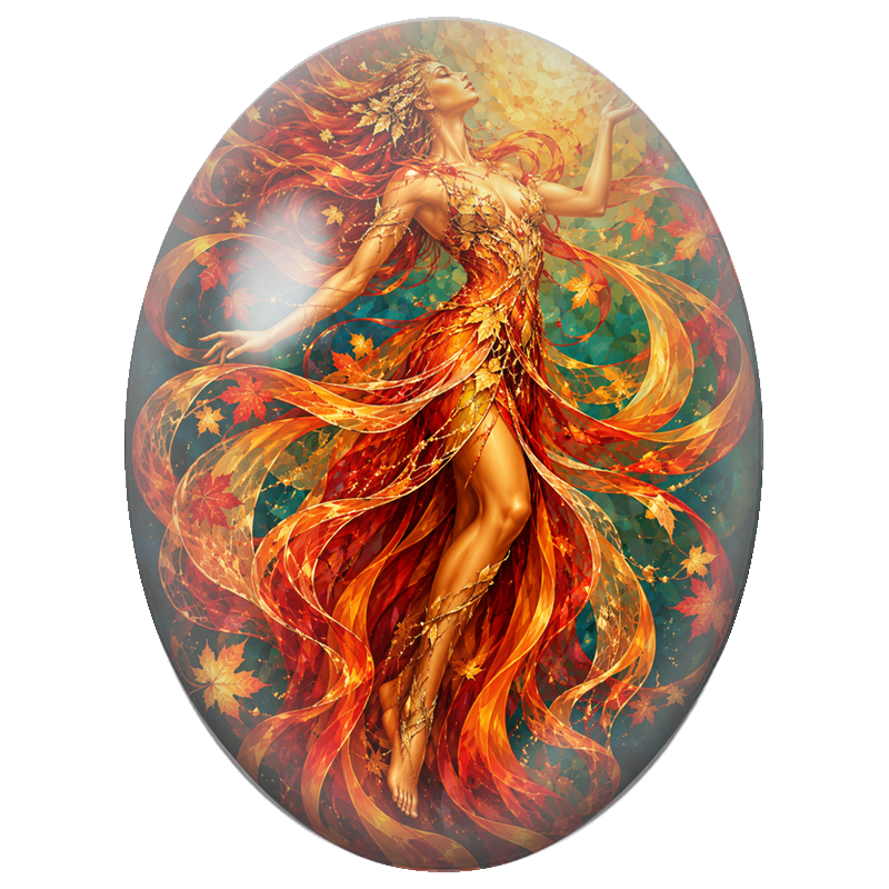 Cabochon en Verre Illustré Déesse de Feu aux Ailes de Dentelle 13x18, 18x25 ou 30x40mm