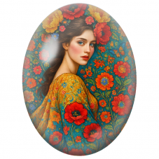 Cabochon en Verre Illustré Femme aux Coquelicots et Fleurs Colorées pour la Création de Bijoux Fantaisie - DIY