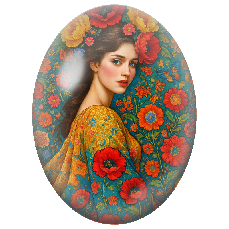 Cabochon en Verre Illustré Femme aux Coquelicots et Fleurs Colorées 13x18, 18x25 ou 30x40mm