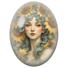 Cabochon en Verre Illustré Femme aux Cheveux Turquoise et Tournesols pour la Création de Bijoux Fantaisie - DIY