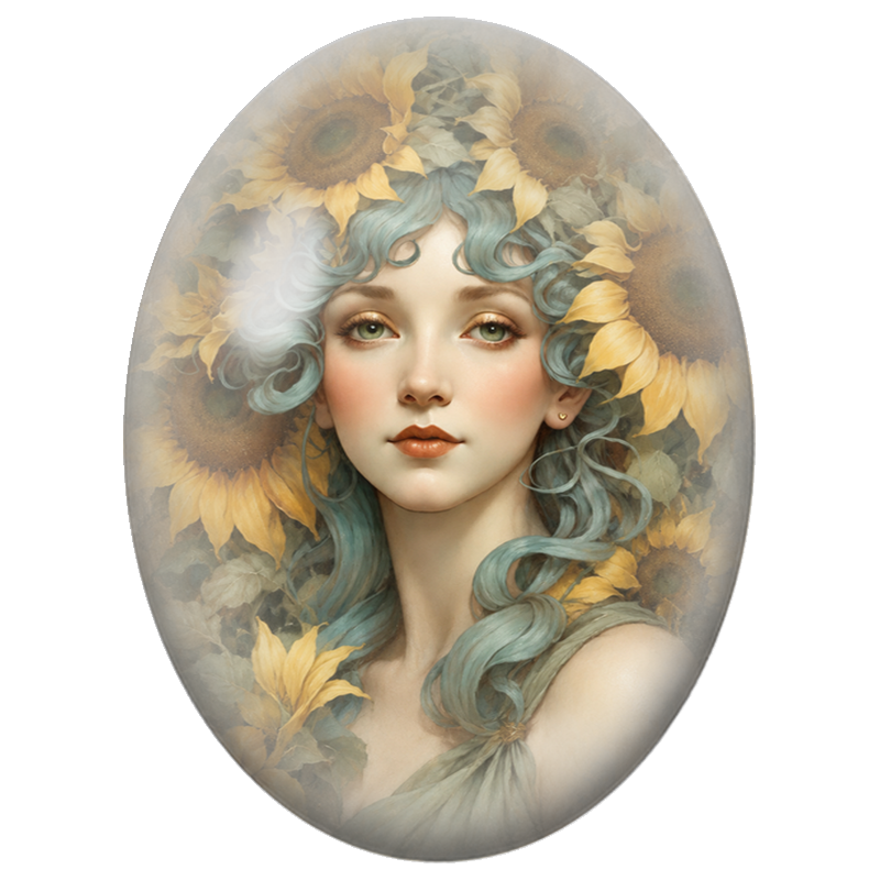 Cabochon en Verre Illustré Femme aux Cheveux Turquoise et Tournesols 13x18, 18x25 ou 30x40mm