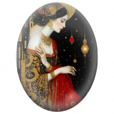 Cabochon en Verre Illustré Princesse en Robe Rouge et Or pour la Création de Bijoux Fantaisie - DIY