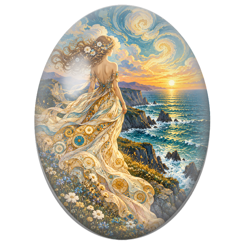 Cabochon en Verre Illustré Femme face à la Mer Étoilée 13x18, 18x25 ou 30x40mm