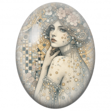 Cabochon en Verre Illustré Femme aux Fleurs et Mosaïque Dorée pour la Création de Bijoux Fantaisie - DIY