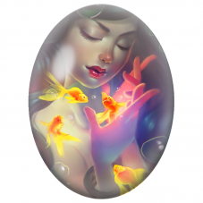 Cabochon en Verre Illustré Femme aux Poissons Rouges Lumineux pour la Création de Bijoux Fantaisie - DIY