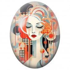 Cabochon en Verre Illustré Visage Féminin Géométrique Rouge et Bleu pour la Création de Bijoux Fantaisie - DIY