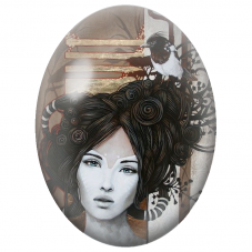 Cabochon en Verre Illustré Femme aux Boucles Noires et à l’Oiseau pour la Création de Bijoux Fantaisie - DIY