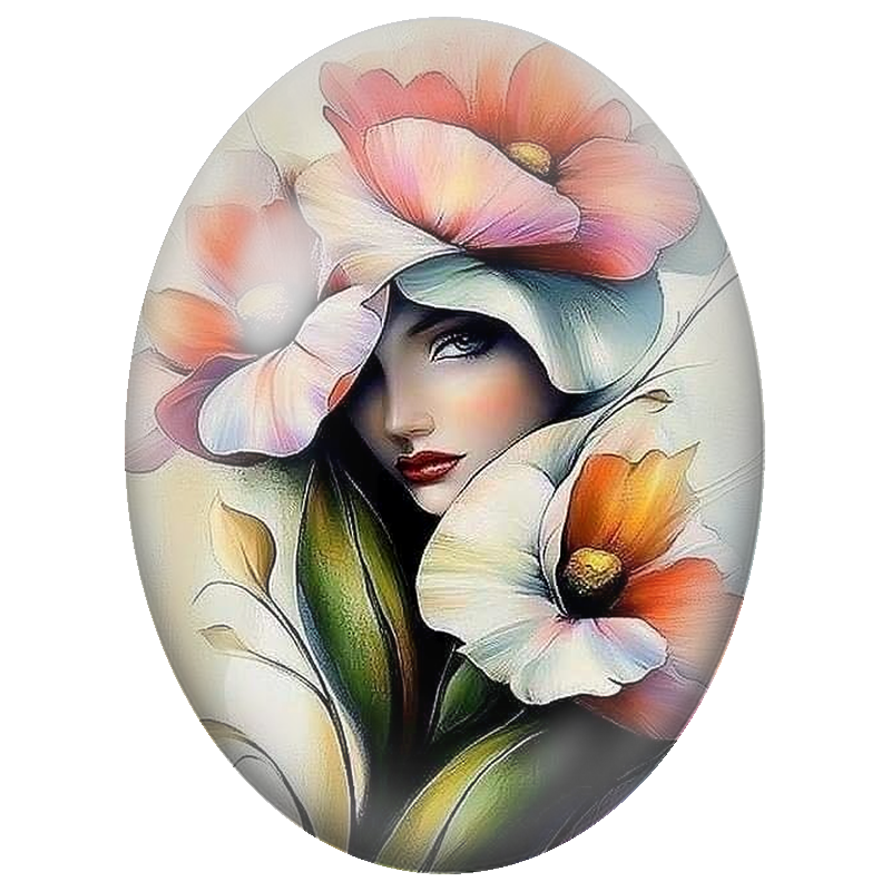 Cabochon en Verre Illustré Femme parmi les Fleurs Corail 13x18, 18x25 ou 30x40mm