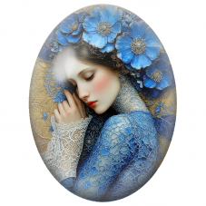 Cabochon en Verre Illustré Femme Endormie aux Fleurs Bleues et Dentelle pour la Création de Bijoux Fantaisie - DIY